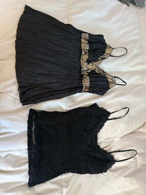 Black Embellished Satin Chemise and Lace Cami Set